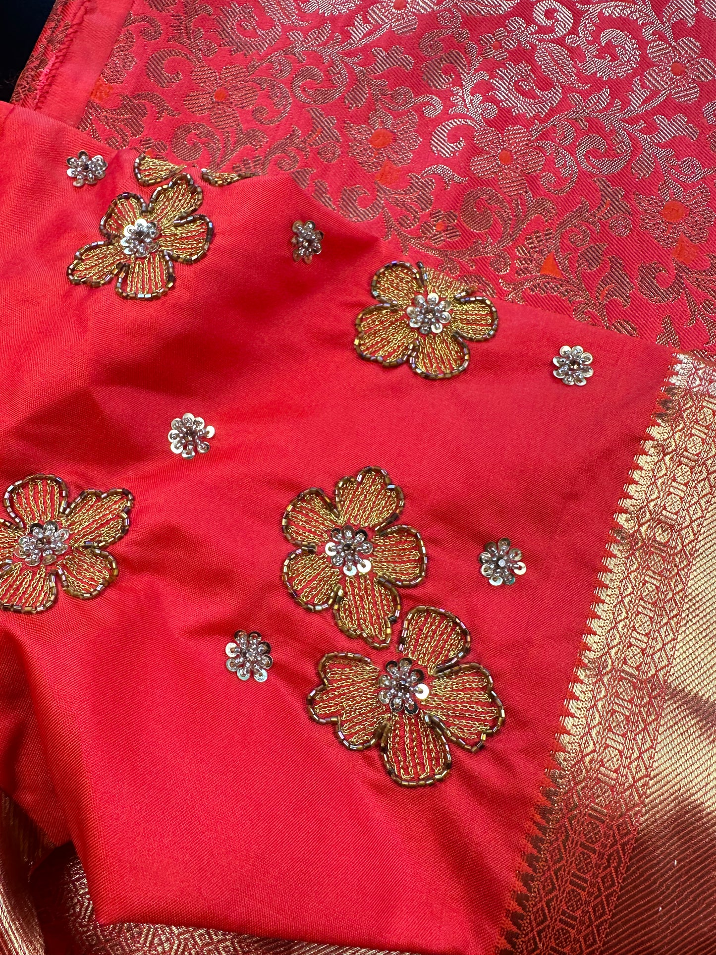 Premium Kanjivaram Silk Saree with Maggam Work Blouse | Ready-to-Wear Orange Wedding Saree | USA Shipping