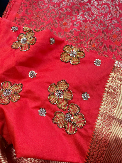 Premium Kanjivaram Silk Saree with Maggam Work Blouse | Ready-to-Wear Orange Wedding Saree | USA Shipping