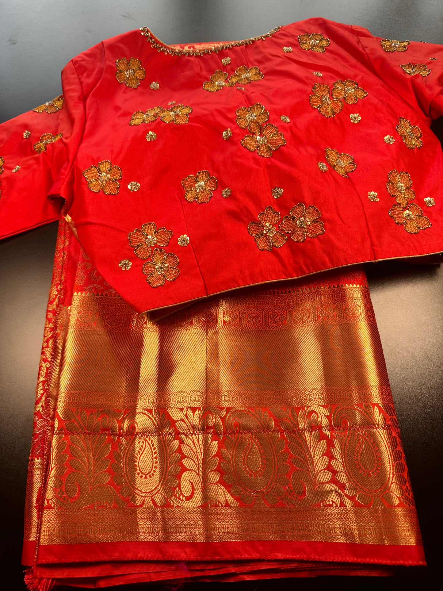 Premium Kanjivaram Silk Saree with Maggam Work Blouse | Ready-to-Wear Orange Wedding Saree | USA Shipping