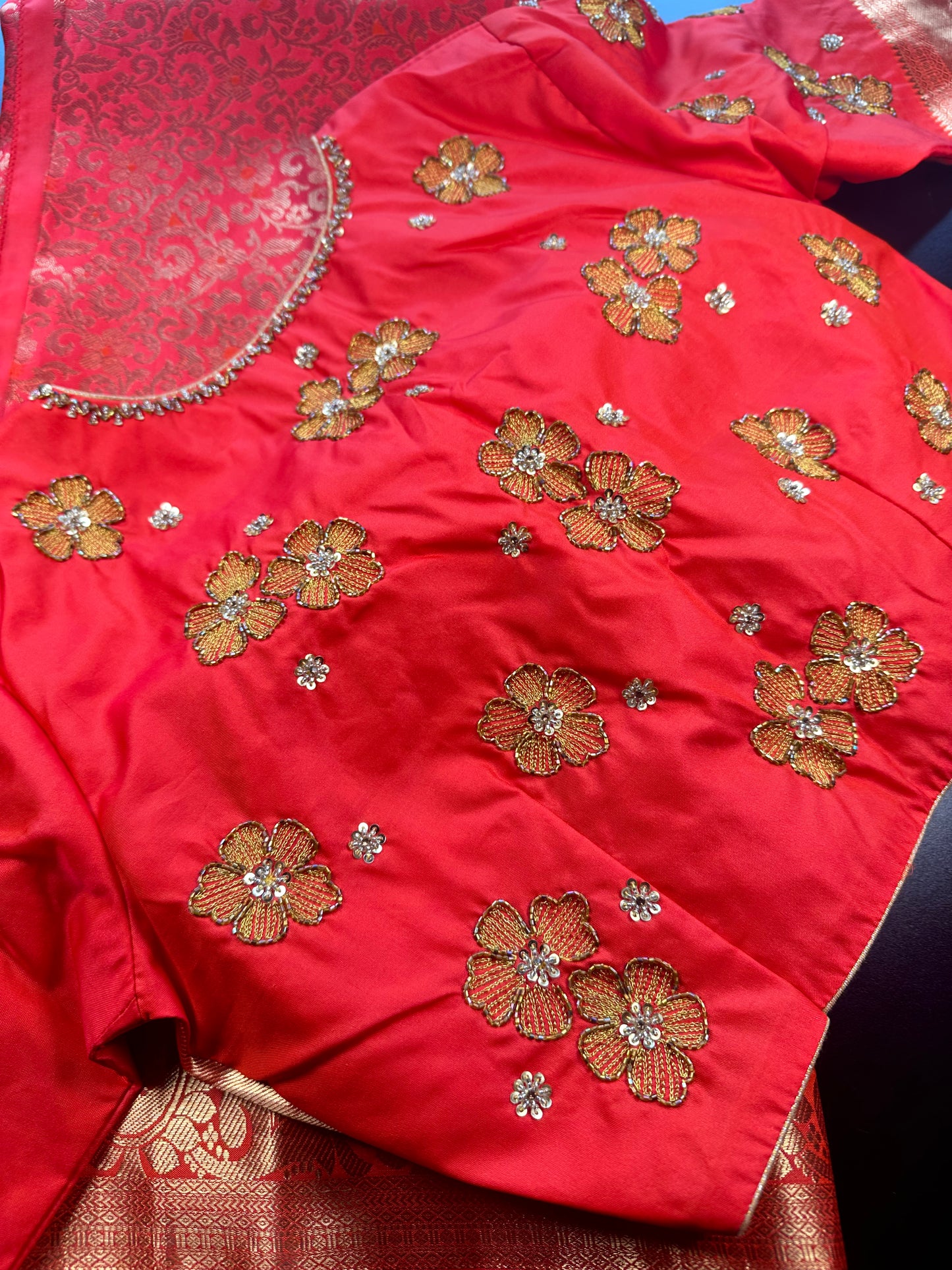 Premium Kanjivaram Silk Saree with Maggam Work Blouse | Ready-to-Wear Orange Wedding Saree | USA Shipping