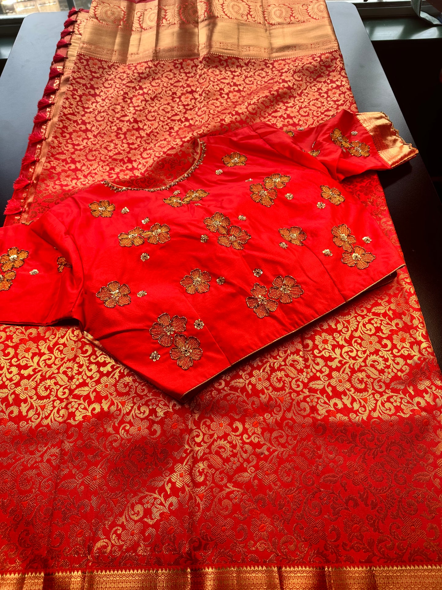 Premium Kanjivaram Silk Saree with Maggam Work Blouse | Ready-to-Wear Orange Wedding Saree | USA Shipping