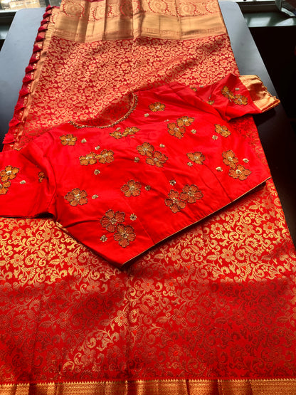 Premium Kanjivaram Silk Saree with Maggam Work Blouse | Ready-to-Wear Orange Wedding Saree | USA Shipping