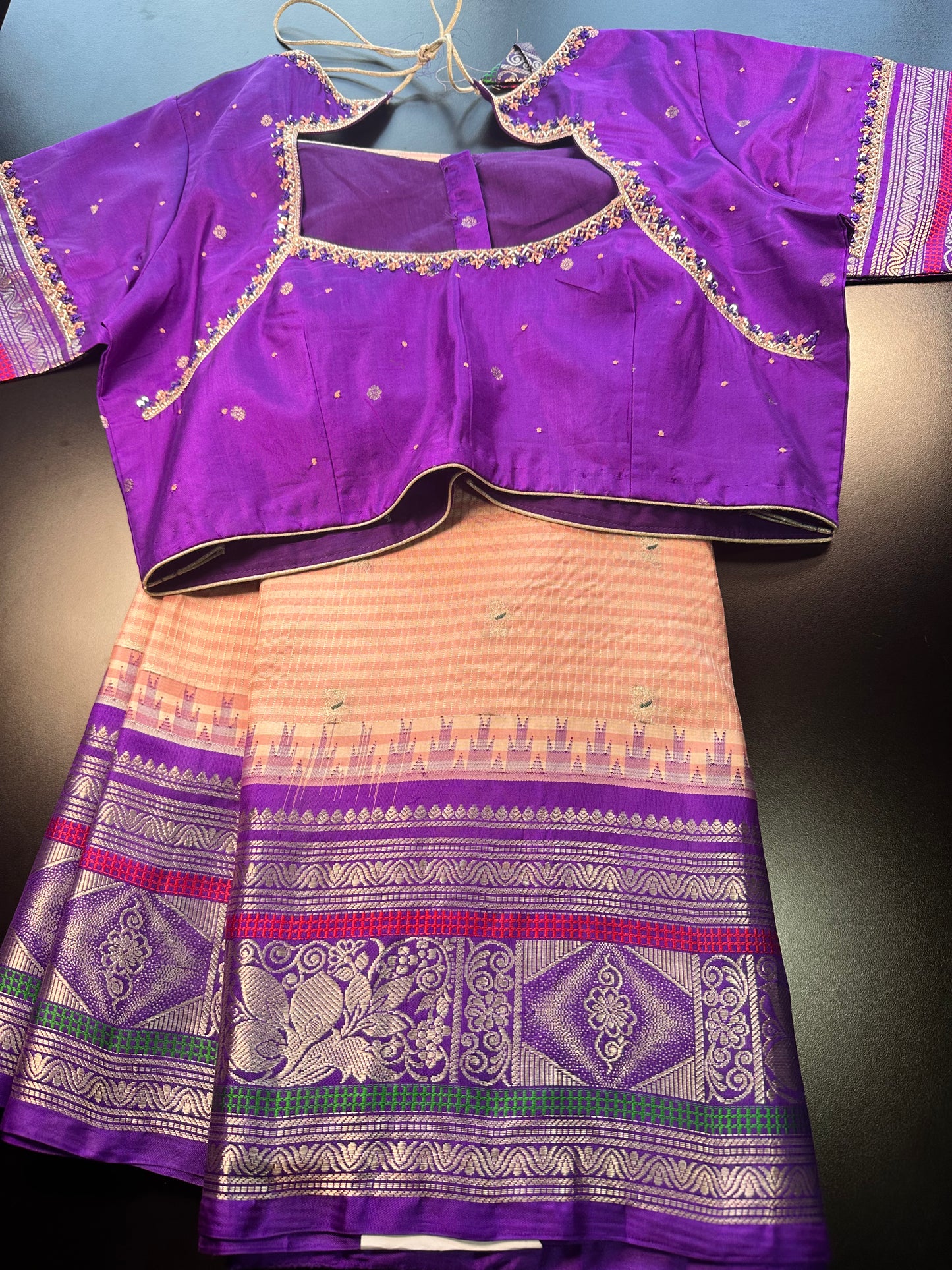 Handloom Pure Gadwal Pure Silk Saree with Designer Maggam Work Ready-to-Wear Blouse | USA Shipping Light Peach and Blue
