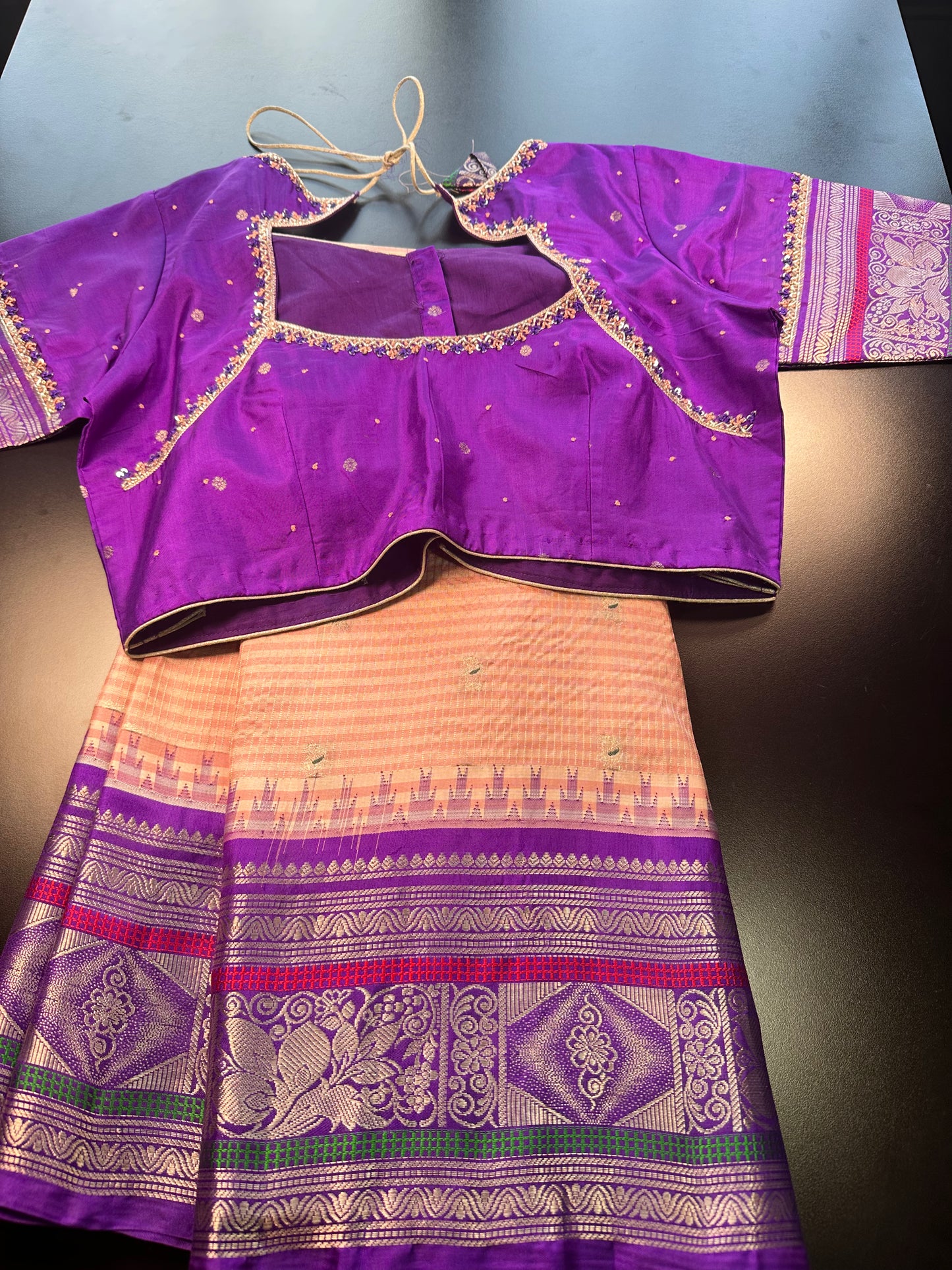 Handloom Pure Gadwal Pure Silk Saree with Designer Maggam Work Ready-to-Wear Blouse | USA Shipping Light Peach and Blue