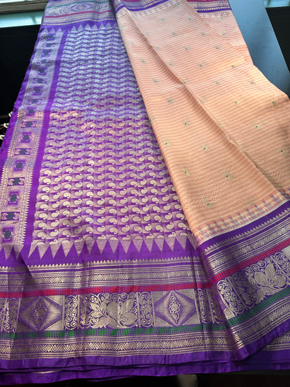 Handloom Pure Gadwal Pure Silk Saree with Designer Maggam Work Ready-to-Wear Blouse | USA Shipping Light Peach and Blue