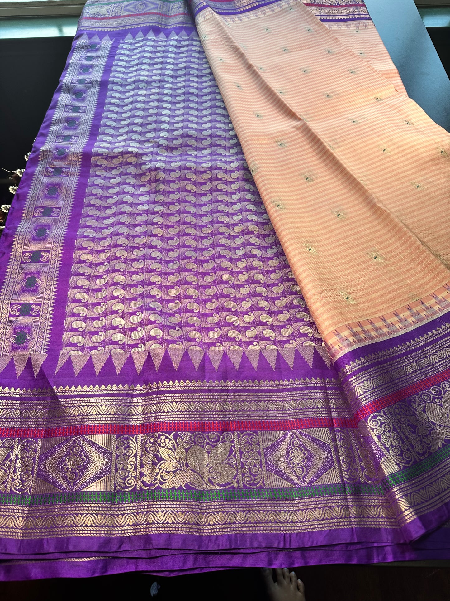 Handloom Pure Gadwal Pure Silk Saree with Designer Maggam Work Ready-to-Wear Blouse | USA Shipping Light Peach and Blue