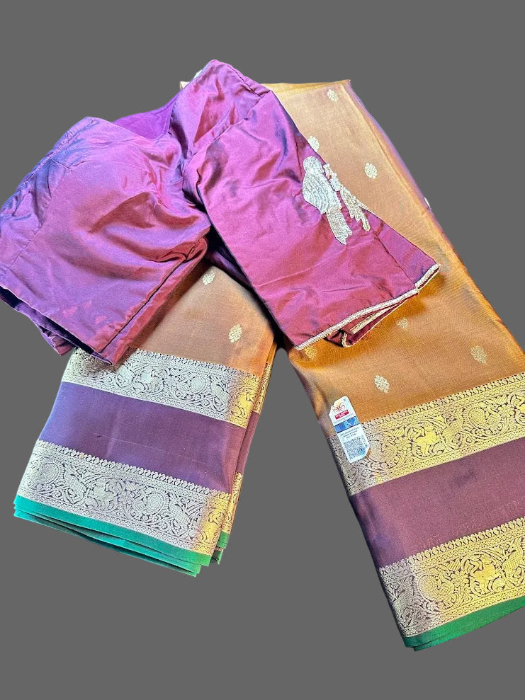 Handloom Pure Kanjivaram Silk Saree Burned Orange with Running Blouse Plus Extra Maggam Work Blouse