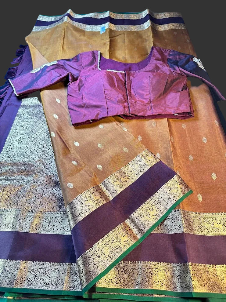 Handloom Pure Kanjivaram Silk Saree Burned Orange with Running Blouse Plus Extra Maggam Work Blouse