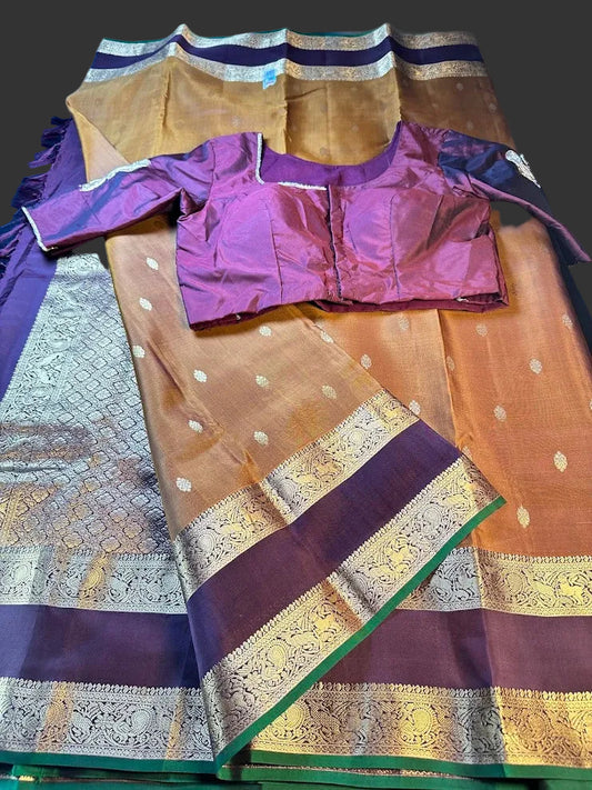 Handloom Pure Kanjivaram Silk Saree Burned Orange with Running Blouse Plus Extra Maggam Work Blouse