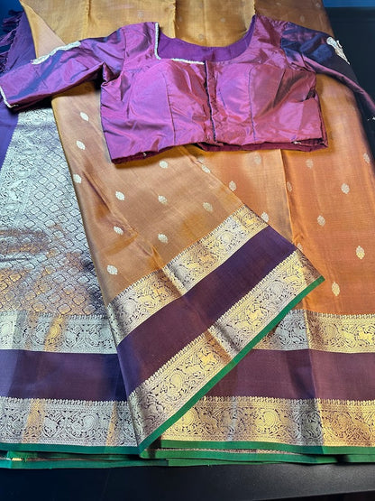 Handloom Pure Kanjivaram Silk Saree Burned Orange with Running Blouse Plus Extra Maggam Work Blouse