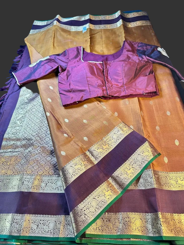 Handloom Pure Kanjivaram Silk Saree Burned Orange with Running Blouse Plus Extra Maggam Work Blouse