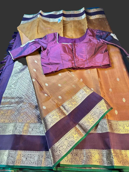 Handloom Pure Kanjivaram Silk Saree Burned Orange with Running Blouse Plus Extra Maggam Work Blouse
