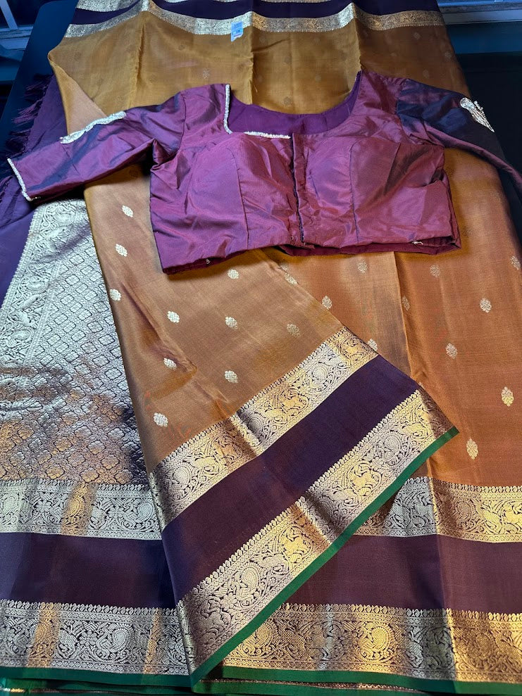 Handloom Pure Kanjivaram Silk Saree Burned Orange with Running Blouse Plus Extra Maggam Work Blouse