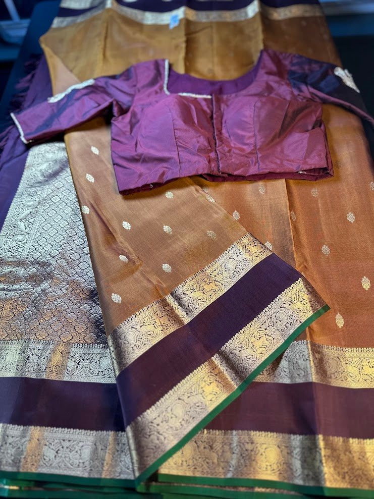 Handloom Pure Kanjivaram Silk Saree Burned Orange with Running Blouse Plus Extra Maggam Work Blouse
