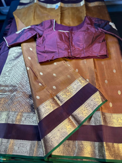 Handloom Pure Kanjivaram Silk Saree Burned Orange with Running Blouse Plus Extra Maggam Work Blouse