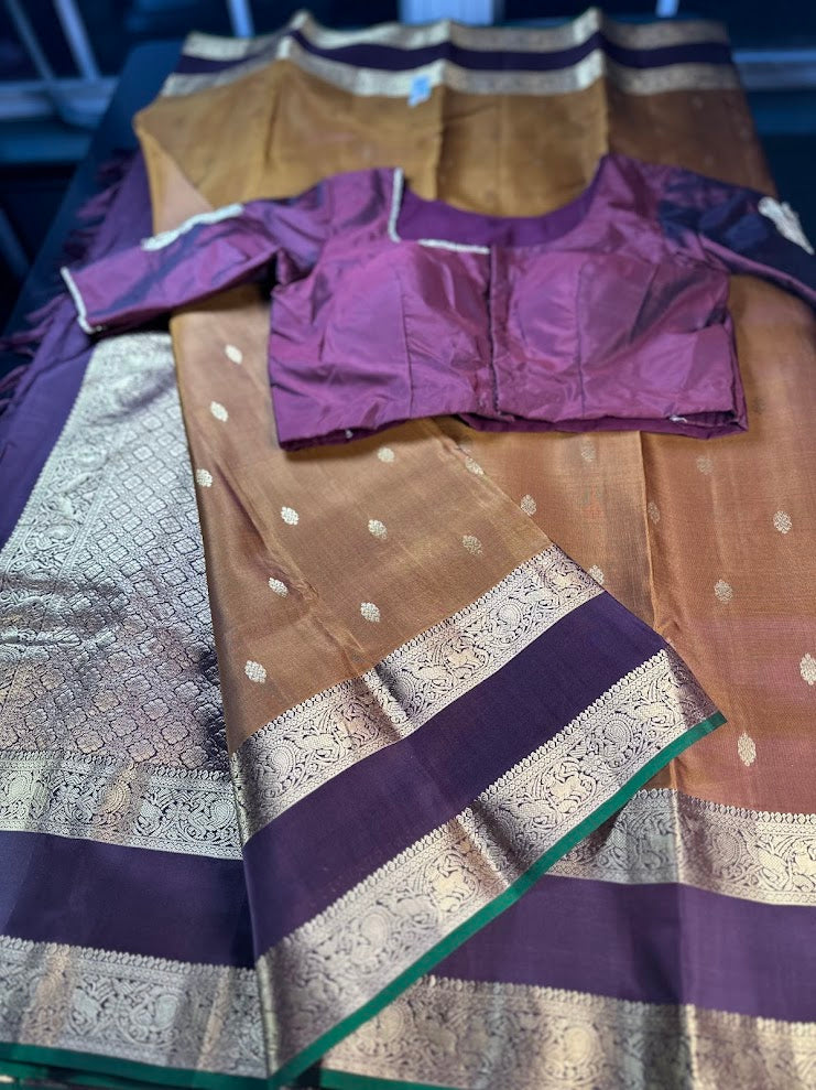 Handloom Pure Kanjivaram Silk Saree Burned Orange with Running Blouse Plus Extra Maggam Work Blouse