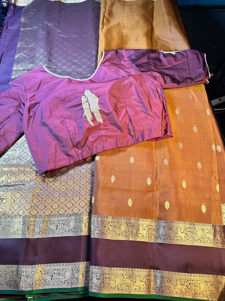 Handloom Pure Kanjivaram Silk Saree Burned Orange with Running Blouse Plus Extra Maggam Work Blouse