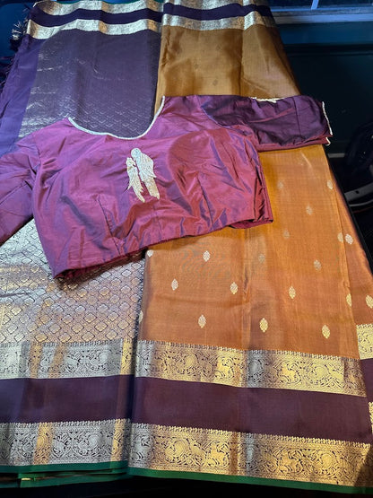 Handloom Pure Kanjivaram Silk Saree Burned Orange with Running Blouse Plus Extra Maggam Work Blouse