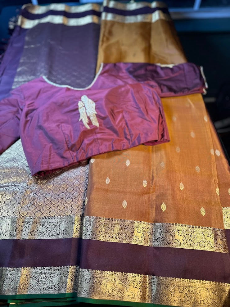 Handloom Pure Kanjivaram Silk Saree Burned Orange with Running Blouse Plus Extra Maggam Work Blouse