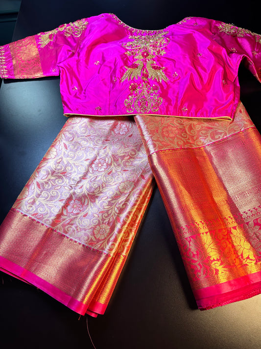 Kanjivaram Tissue Saree, Wedding Saree with Maggam Work Blouse Rani Pink and Baby Pink Buy from USA