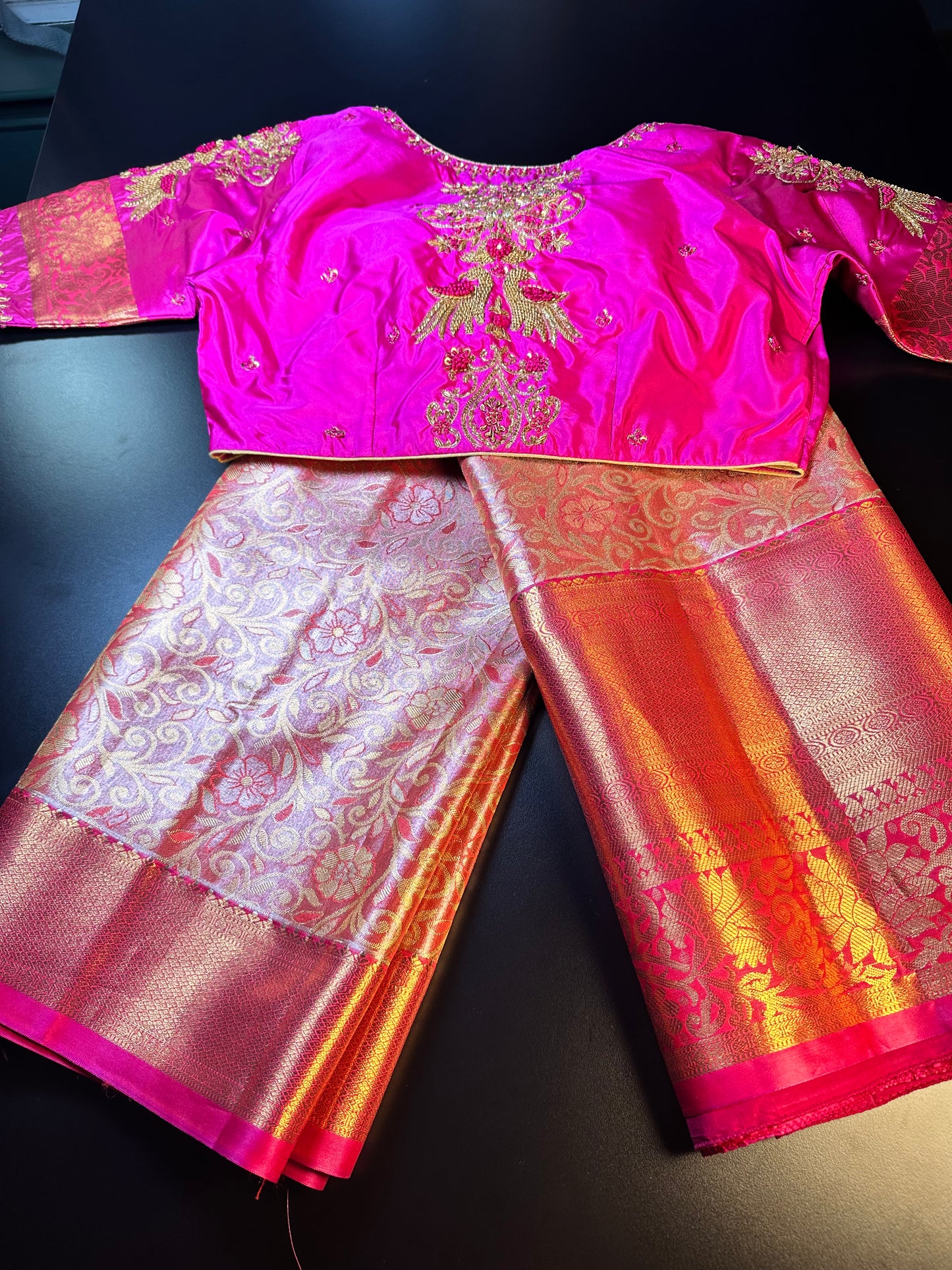 Kanjivaram Tissue Saree, Wedding Saree with Maggam Work Blouse Rani Pink and Baby Pink Buy from USA