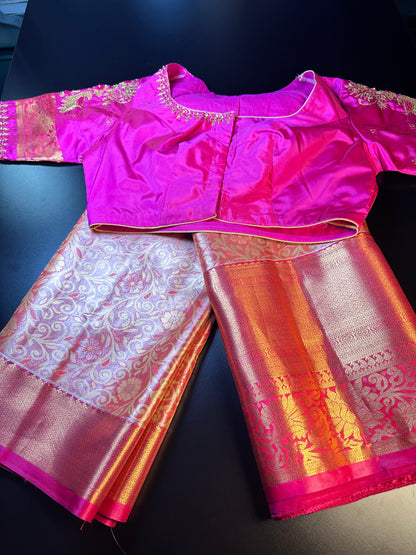 Kanjivaram Tissue Saree, Wedding Saree with Maggam Work Blouse Rani Pink and Baby Pink Buy from USA