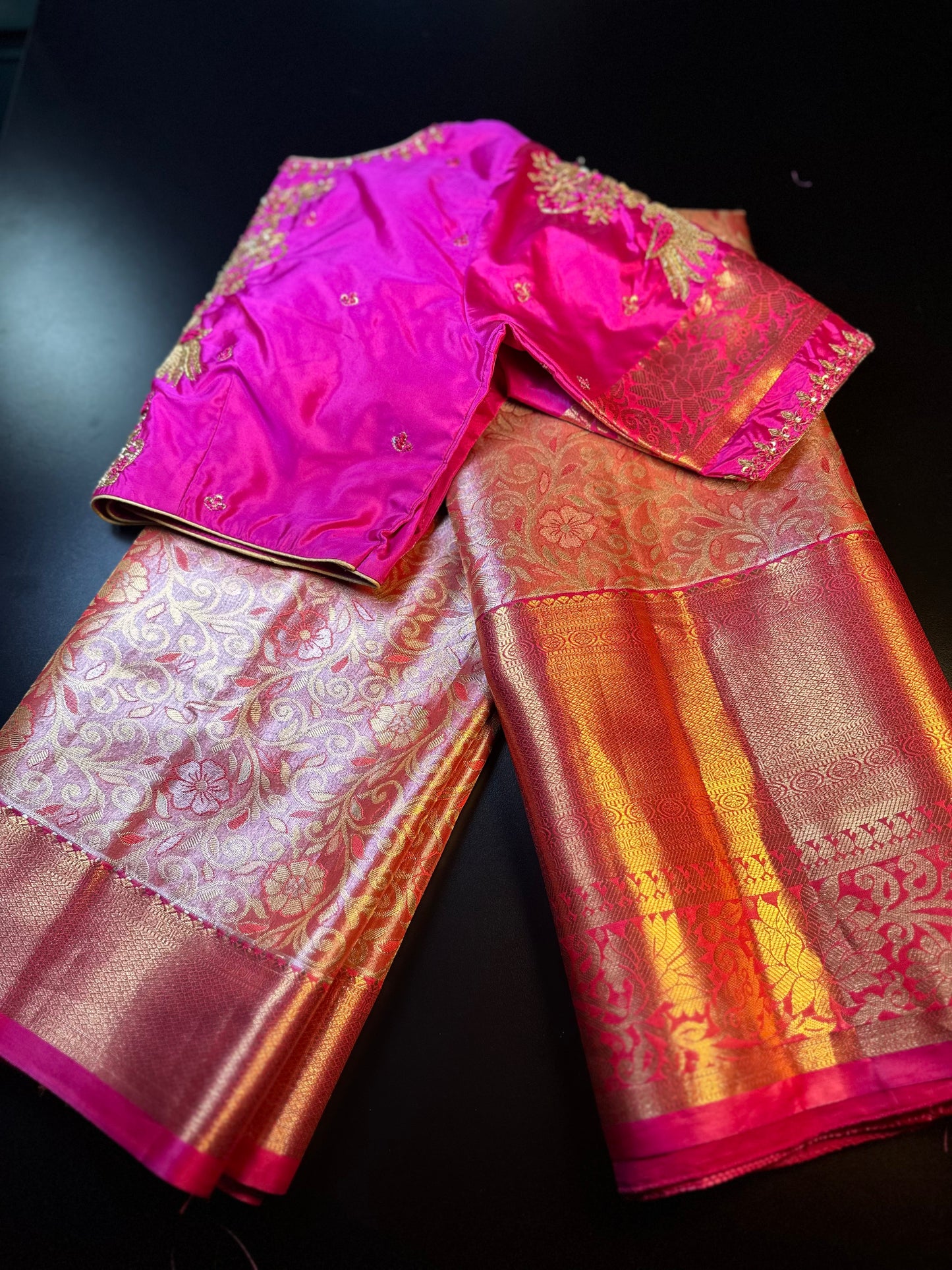 Kanjivaram Tissue Saree, Wedding Saree with Maggam Work Blouse Rani Pink and Baby Pink Buy from USA