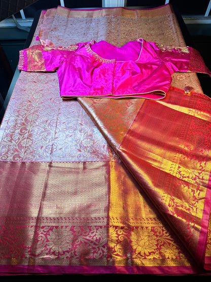 Kanjivaram Tissue Saree, Wedding Saree with Maggam Work Blouse Rani Pink and Baby Pink Buy from USA