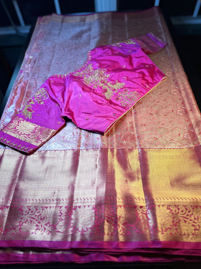 Kanjivaram Tissue Saree, Wedding Saree with Maggam Work Blouse Rani Pink and Baby Pink Buy from USA