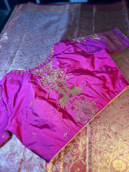 Kanjivaram Tissue Saree, Wedding Saree with Maggam Work Blouse Rani Pink and Baby Pink Buy from USA