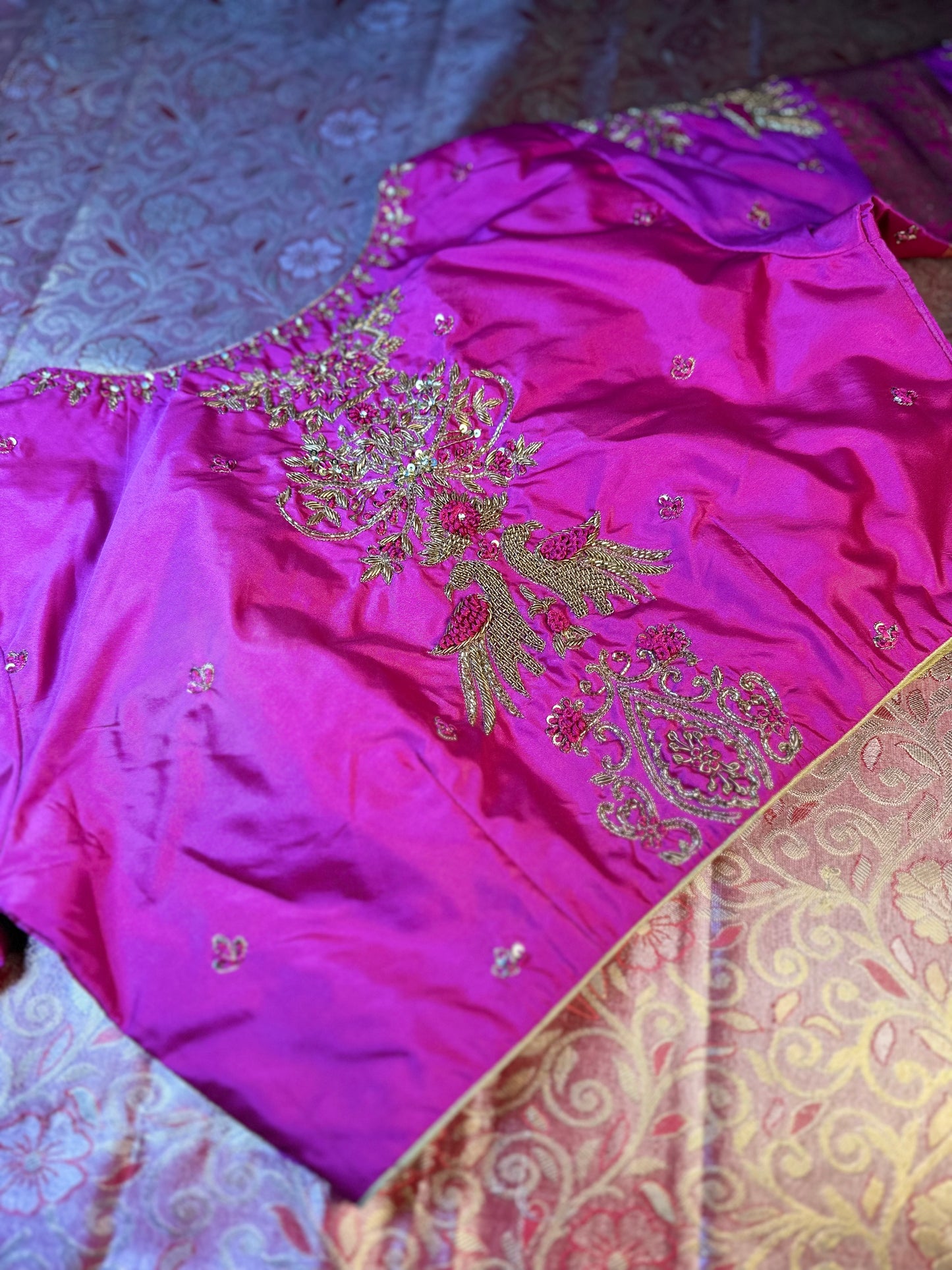 Kanjivaram Tissue Saree, Wedding Saree with Maggam Work Blouse Rani Pink and Baby Pink Buy from USA