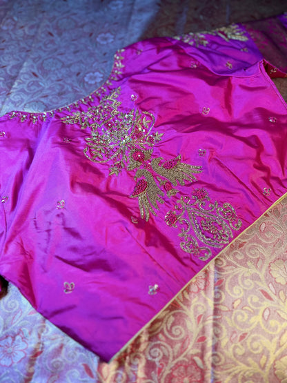 Kanjivaram Tissue Saree, Wedding Saree with Maggam Work Blouse Rani Pink and Baby Pink Buy from USA