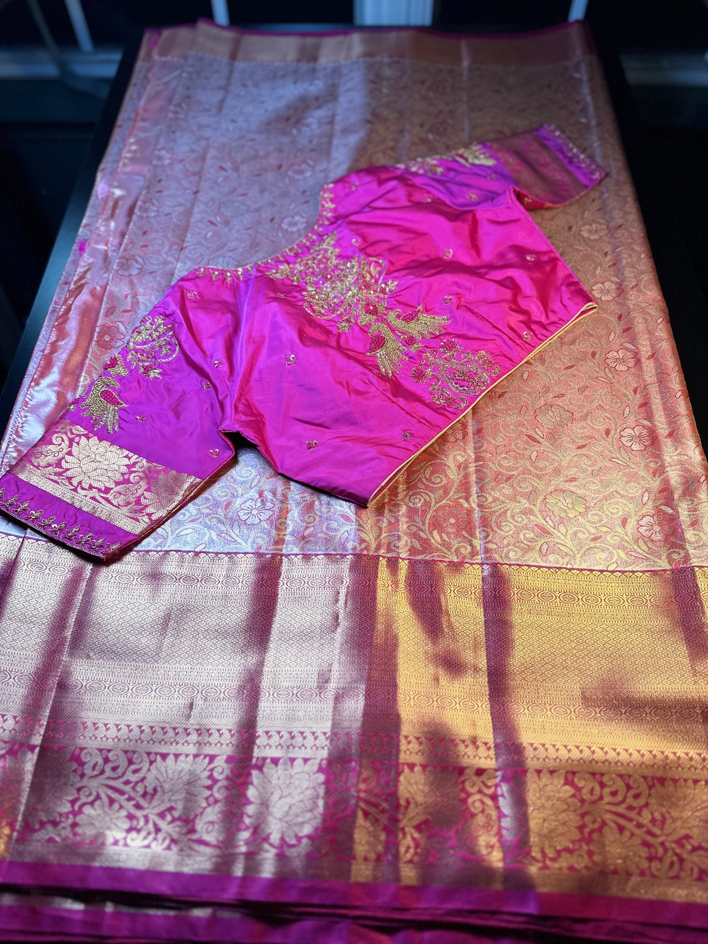 Kanjivaram Tissue Saree, Wedding Saree with Maggam Work Blouse Rani Pink and Baby Pink Buy from USA