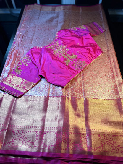 Kanjivaram Tissue Saree, Wedding Saree with Maggam Work Blouse Rani Pink and Baby Pink Buy from USA