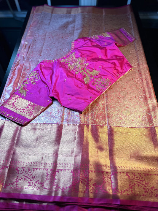 Kanjivaram Tissue Saree, Wedding Saree with Maggam Work Blouse Rani Pink and Baby Pink Buy from USA