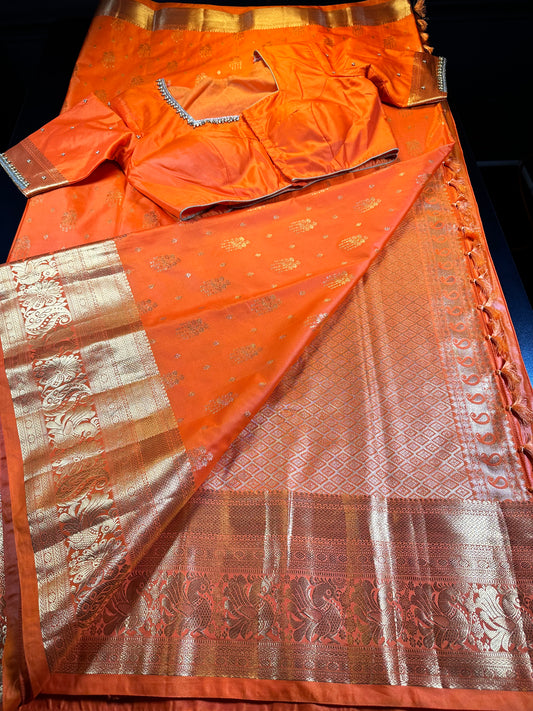 Kanchipuram Premium Semi Silk Saree with Maggam Work Blouse, Orange Color Ready-to-wear, Shipping from US, Partywear, Wedding Saree.
