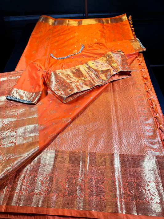 Kanchipuram Premium Semi Silk Saree with Maggam Work Blouse, Orange Color Ready-to-wear, Shipping from US, Partywear, Wedding Saree.