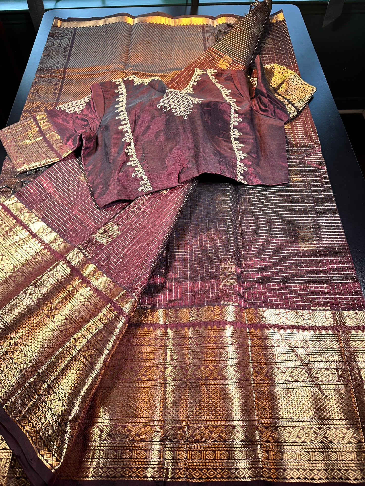 Handloom Mangalagiri Pue Silk Saree with Maggam Work Blouse| Fast Shipping from the USA | Cofee Brown