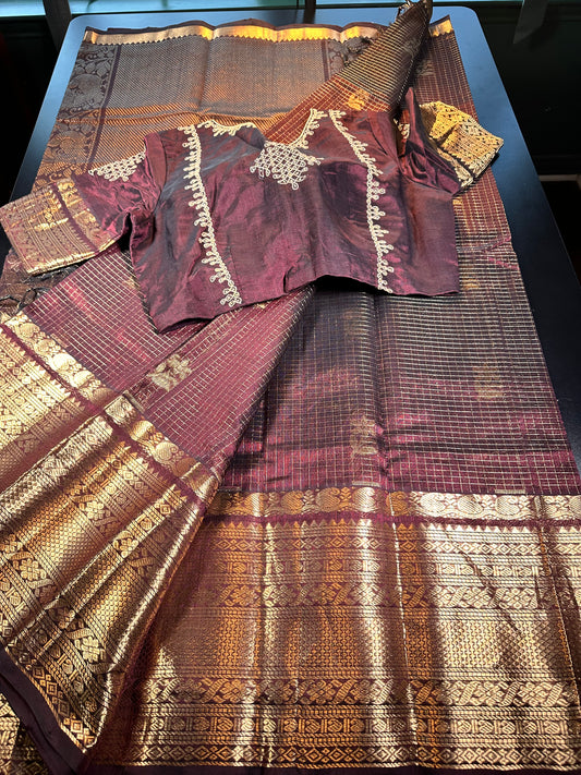 Handloom Mangalagiri Pue Silk Saree with Maggam Work Blouse| Fast Shipping from the USA | Cofee Brown