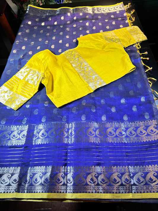 Pure Silk Handloom Saree with stitched blouse in Blue with Silver Zari and Yellow Contrast Border – Traditional Elegance