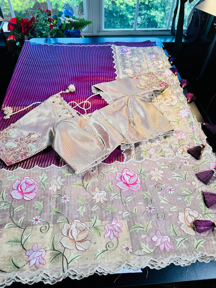 Banarasi Pure Kora Tissue Silk Saree with Embroidery Work 
