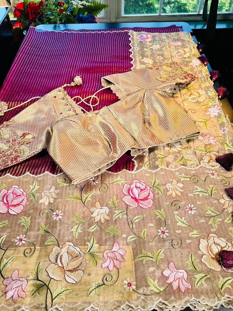 Pure Kora Tissue Silk Saree with Heavy Embroidery | Purple Party Wear Saree | Maggam Work Stitched Blouse | Ships from USA