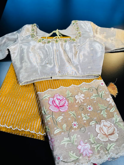 Banarasi Pure Silk Kora Tissue Silk Saree with Embroidery Work with Stitched Maggam Work Blouse 