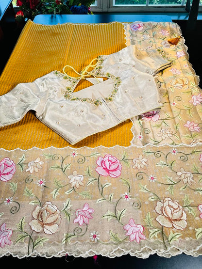 Banarasi Pure Silk Kora Tissue Silk Saree with Embroidery Work with Stitched Maggam Work Blouse 