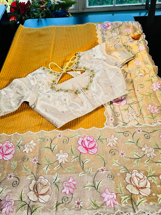 Banarasi Pure Silk Kora Tissue Silk Saree with Embroidery Work with Stitched Maggam Work Blouse
