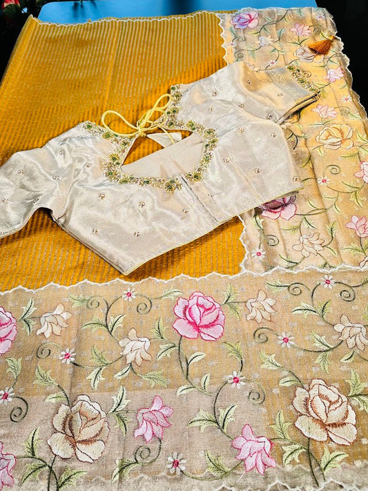 Banarasi Pure Silk Kora Tissue Silk Saree with Embroidery Work with Stitched Maggam Work Blouse
