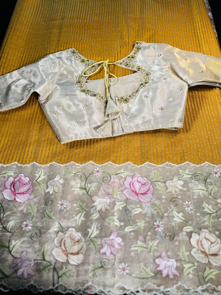 Banarasi Pure Silk Kora Tissue Silk Saree with Embroidery Work with Stitched Maggam Work Blouse 