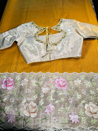 Banarasi Pure Silk Kora Tissue Silk Saree with Embroidery Work with Stitched Maggam Work Blouse 