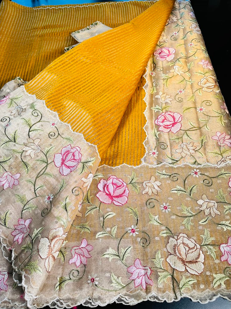 Banarasi Pure Silk Kora Tissue Silk Saree with Embroidery Work with Stitched Maggam Work Blouse 