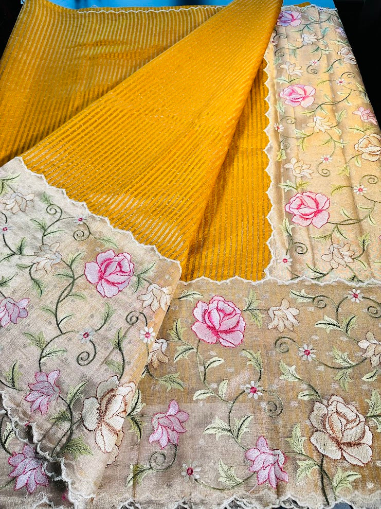 Banarasi Pure Silk Kora Tissue Silk Saree with Embroidery Work with Stitched Maggam Work Blouse 